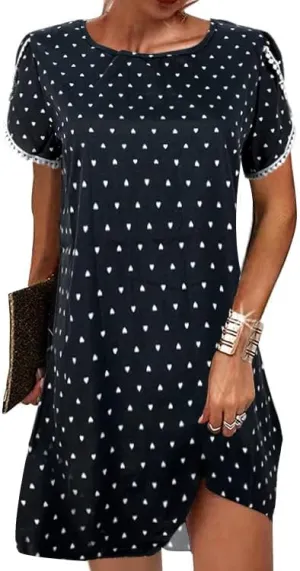 Women's Ruffle Puff Lace Trim Short Sleeve Dress Casual Loose Crewneck Shirt Dress Summer Swing Mini Dress