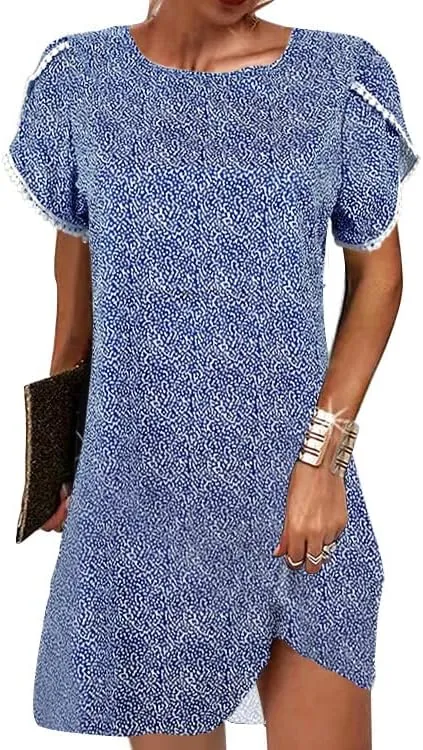 Women's Ruffle Puff Lace Trim Short Sleeve Dress Casual Loose Crewneck Shirt Dress Summer Swing Mini Dress