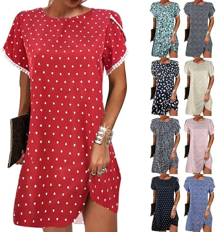 Women's Ruffle Puff Lace Trim Short Sleeve Dress Casual Loose Crewneck Shirt Dress Summer Swing Mini Dress