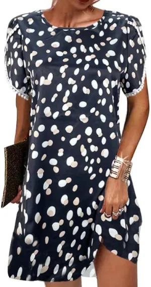 Women's Ruffle Puff Lace Trim Short Sleeve Dress Casual Loose Crewneck Shirt Dress Summer Swing Mini Dress