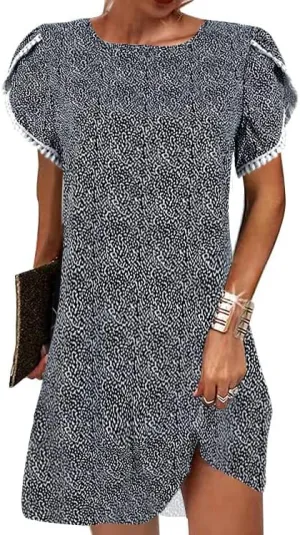 Women's Ruffle Puff Lace Trim Short Sleeve Dress Casual Loose Crewneck Shirt Dress Summer Swing Mini Dress
