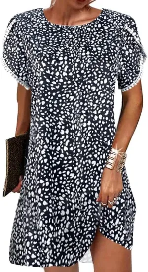 Women's Ruffle Puff Lace Trim Short Sleeve Dress Casual Loose Crewneck Shirt Dress Summer Swing Mini Dress