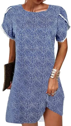 Women's Ruffle Puff Lace Trim Short Sleeve Dress Casual Loose Crewneck Shirt Dress Summer Swing Mini Dress
