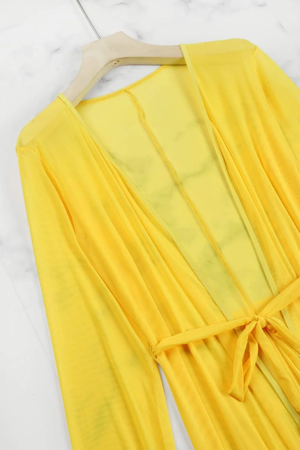 Women's Sexy Thin Mesh Long Sleeve Tie Front Swimsuit Swim Beach Maxi Cover Up Dress