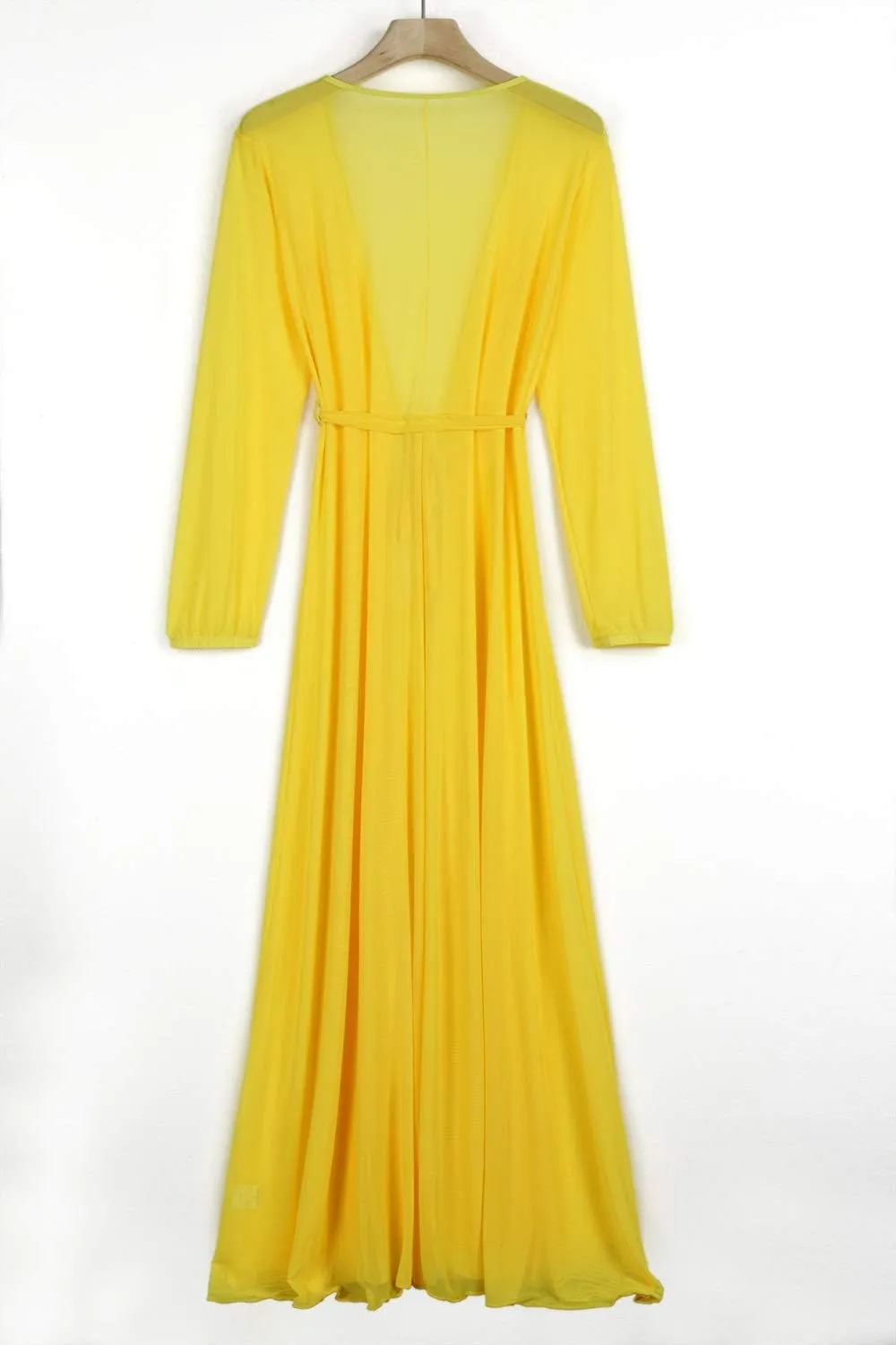 Women's Sexy Thin Mesh Long Sleeve Tie Front Swimsuit Swim Beach Maxi Cover Up Dress