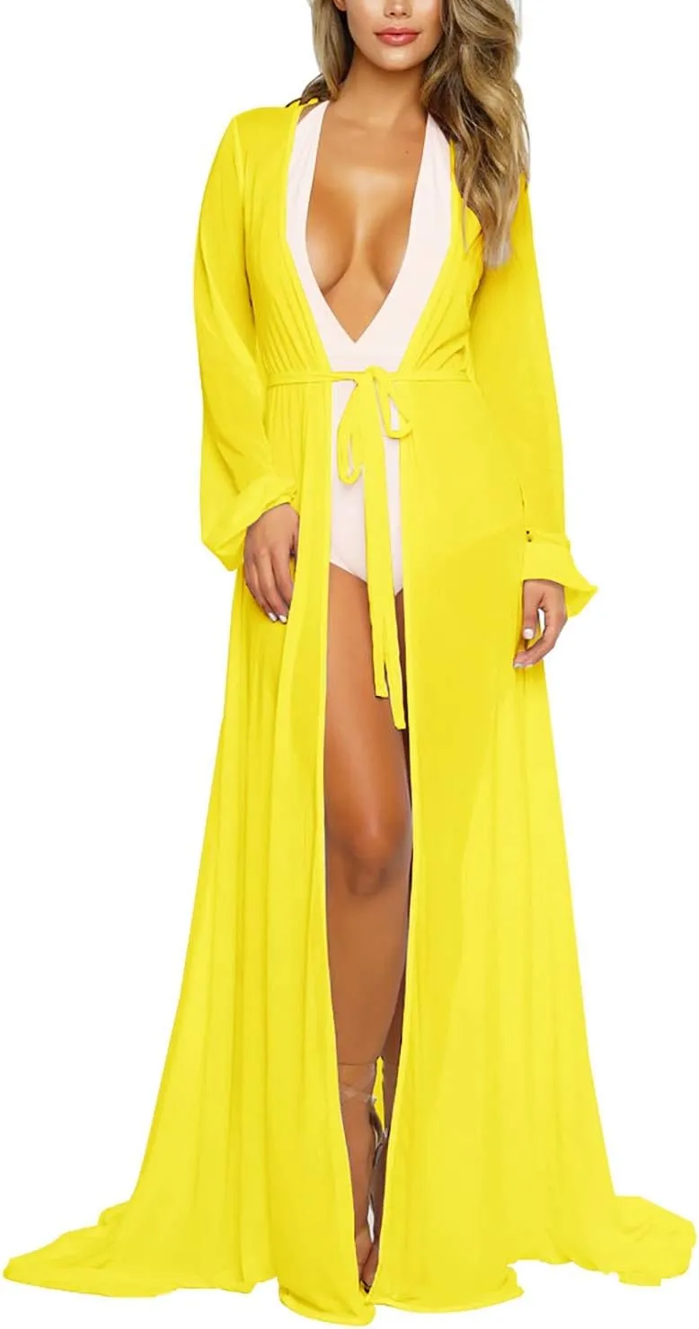 Women's Sexy Thin Mesh Long Sleeve Tie Front Swimsuit Swim Beach Maxi Cover Up Dress