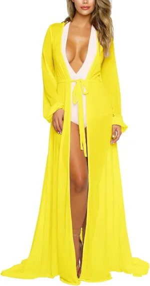 Women's Sexy Thin Mesh Long Sleeve Tie Front Swimsuit Swim Beach Maxi Cover Up Dress