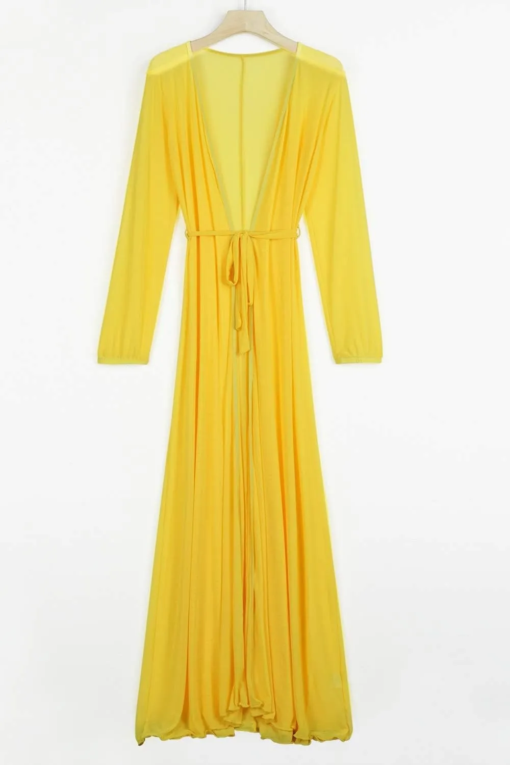 Women's Sexy Thin Mesh Long Sleeve Tie Front Swimsuit Swim Beach Maxi Cover Up Dress
