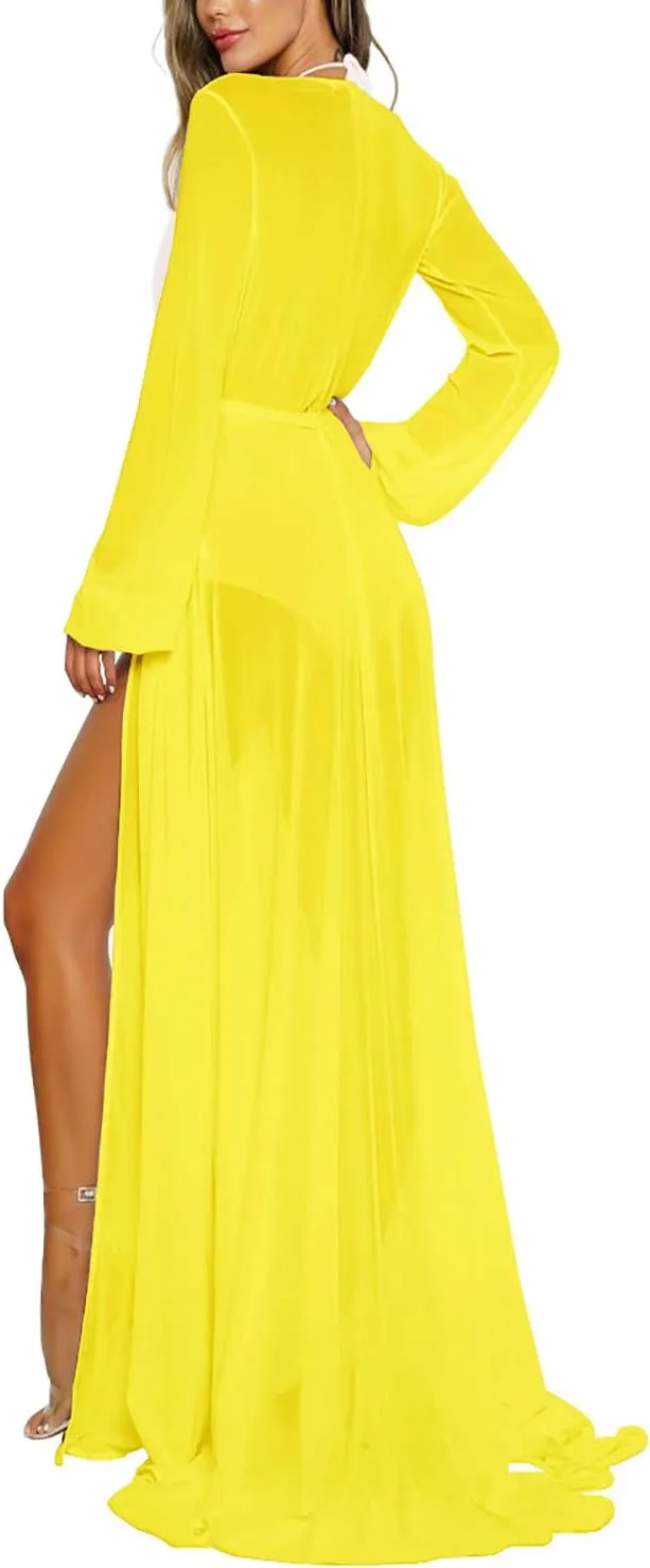 Women's Sexy Thin Mesh Long Sleeve Tie Front Swimsuit Swim Beach Maxi Cover Up Dress