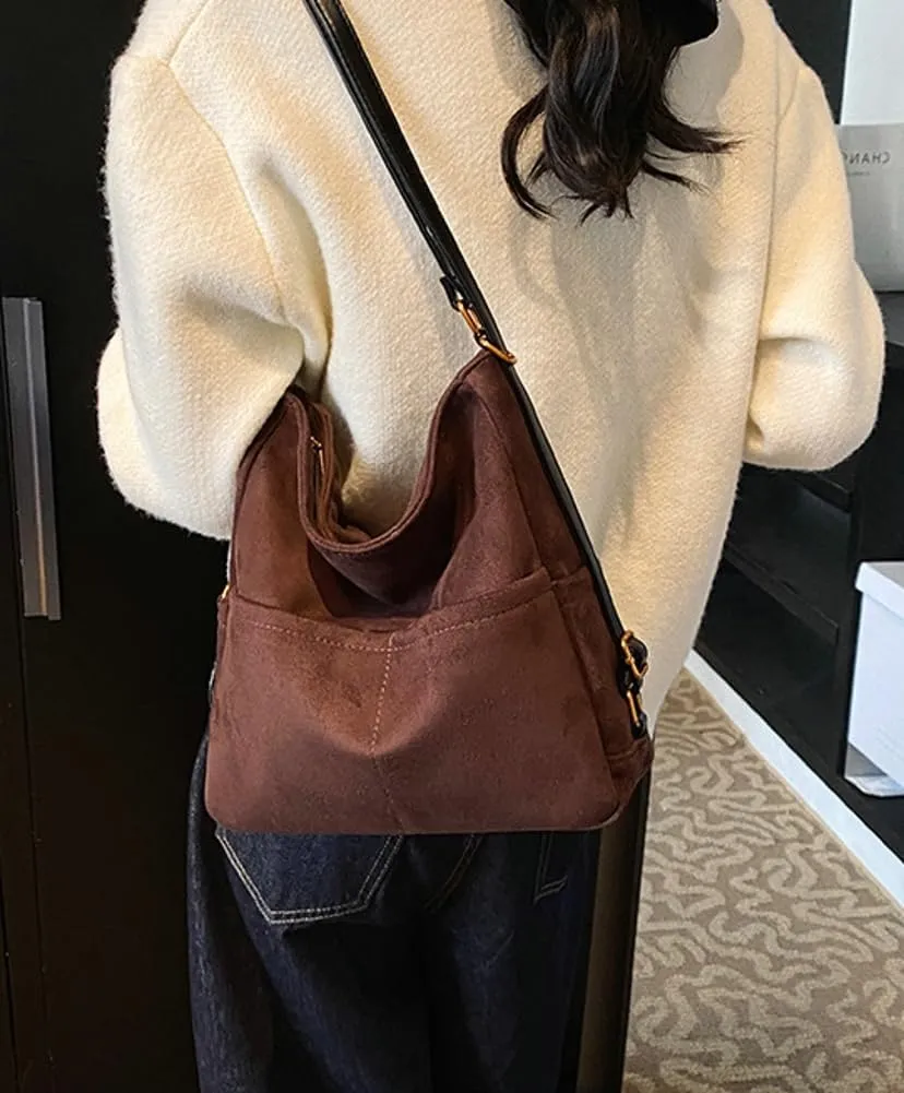 Womens Suede Hobo Bag Retro Suede Crossbody Purse Slouchy Suede Backpack Satchel Clutch Purse Office Tote Carryall