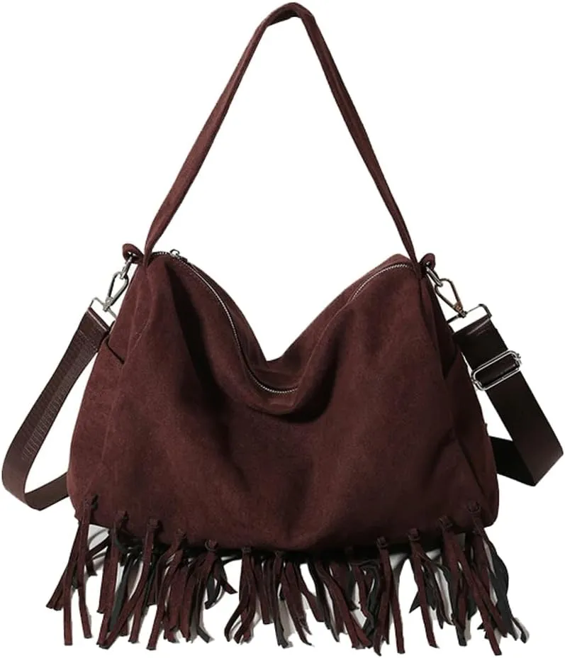 Womens Suede Pillow Bag Slouchy Crossbody Bag Hobo Bag Boston Bag Shoulder Bag Carryall Bag Tote Bag Purse with Tassel