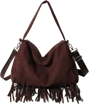 Womens Suede Pillow Bag Slouchy Crossbody Bag Hobo Bag Boston Bag Shoulder Bag Carryall Bag Tote Bag Purse with Tassel
