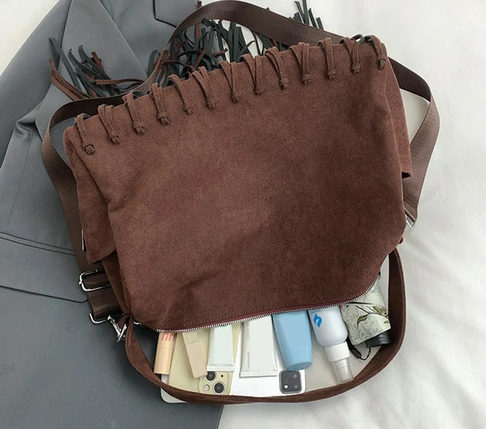 Womens Suede Pillow Bag Slouchy Crossbody Bag Hobo Bag Boston Bag Shoulder Bag Carryall Bag Tote Bag Purse with Tassel