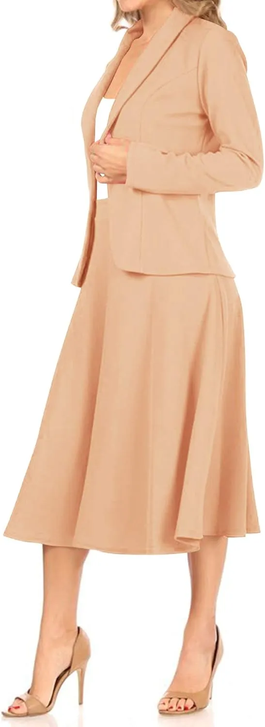 Women's Two Piece Lightweight Solid Long Sleeve Casual Blazer Relaxed A-Line Midi Skirt