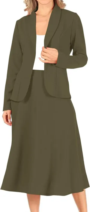 Women's Two Piece Lightweight Solid Long Sleeve Casual Blazer Relaxed A-Line Midi Skirt