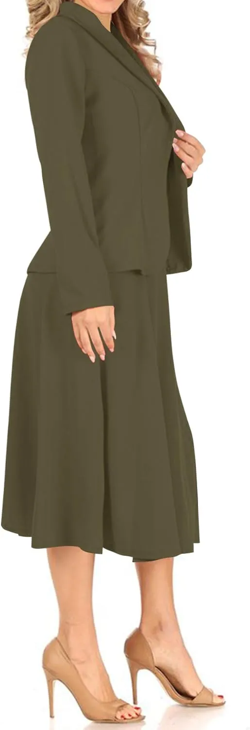 Women's Two Piece Lightweight Solid Long Sleeve Casual Blazer Relaxed A-Line Midi Skirt