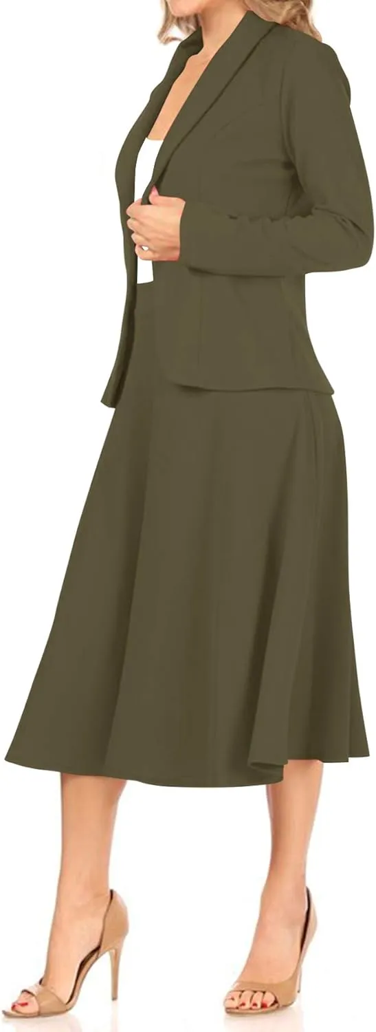 Women's Two Piece Lightweight Solid Long Sleeve Casual Blazer Relaxed A-Line Midi Skirt
