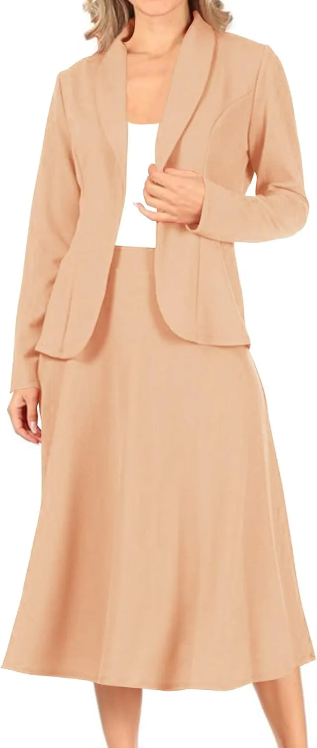 Women's Two Piece Lightweight Solid Long Sleeve Casual Blazer Relaxed A-Line Midi Skirt