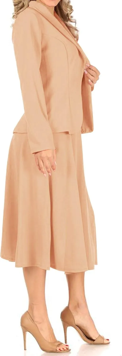 Women's Two Piece Lightweight Solid Long Sleeve Casual Blazer Relaxed A-Line Midi Skirt