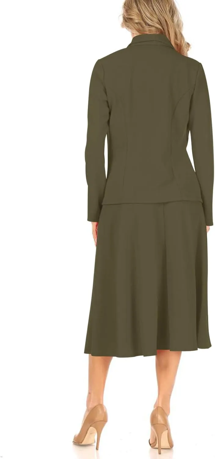 Women's Two Piece Lightweight Solid Long Sleeve Casual Blazer Relaxed A-Line Midi Skirt