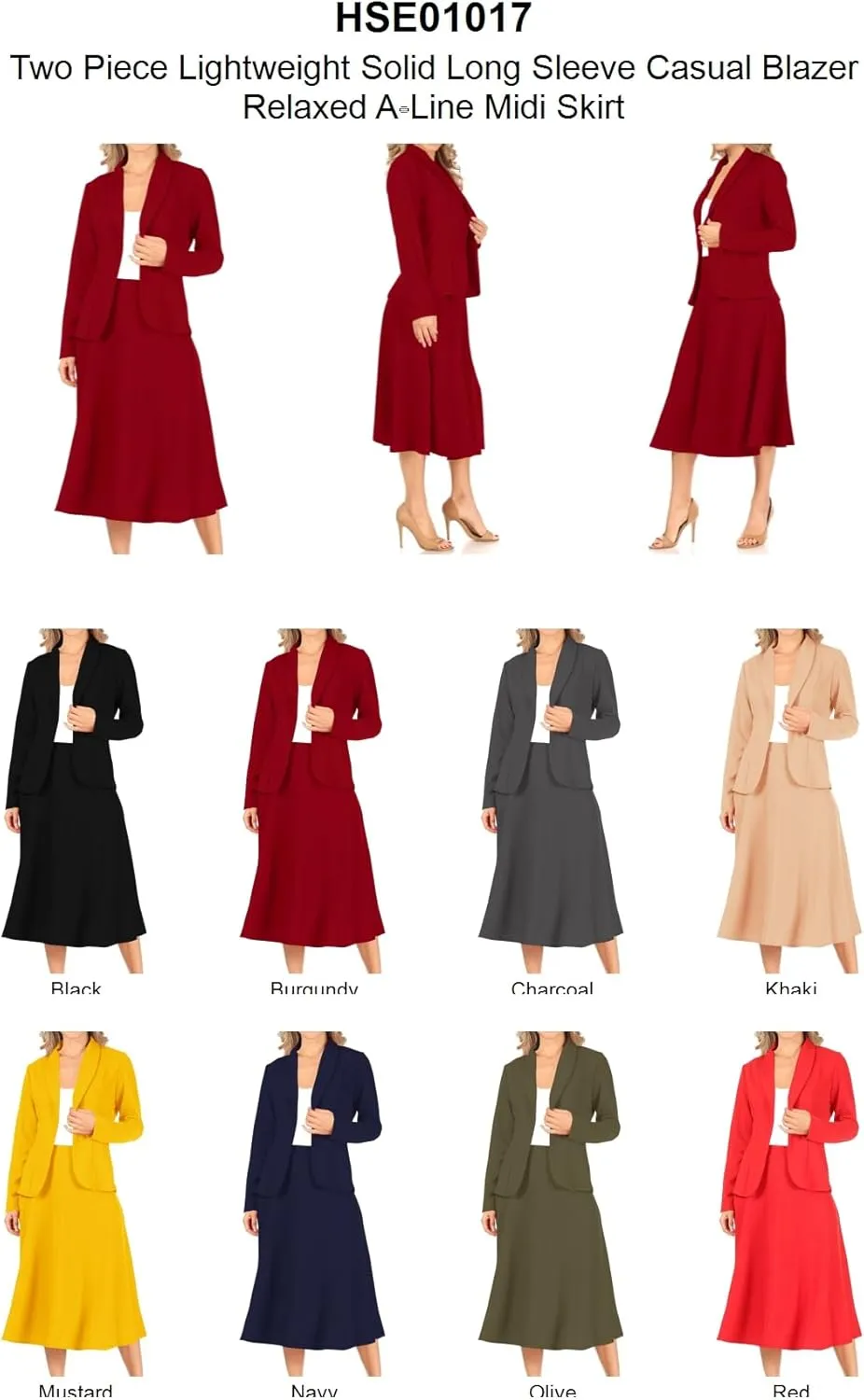 Women's Two Piece Lightweight Solid Long Sleeve Casual Blazer Relaxed A-Line Midi Skirt