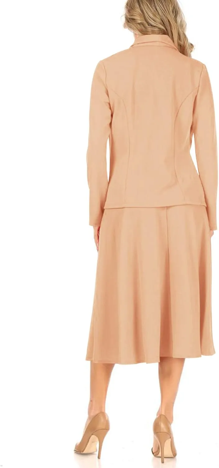 Women's Two Piece Lightweight Solid Long Sleeve Casual Blazer Relaxed A-Line Midi Skirt