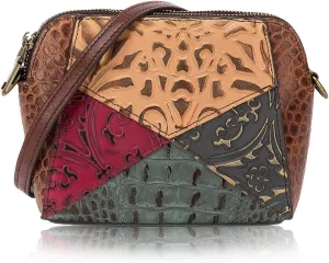 Womens Vintage Genuine Leather Shoulder Bag Ladies Colorful Embossed Cell Phone Crossbody Purse with Chain Strap