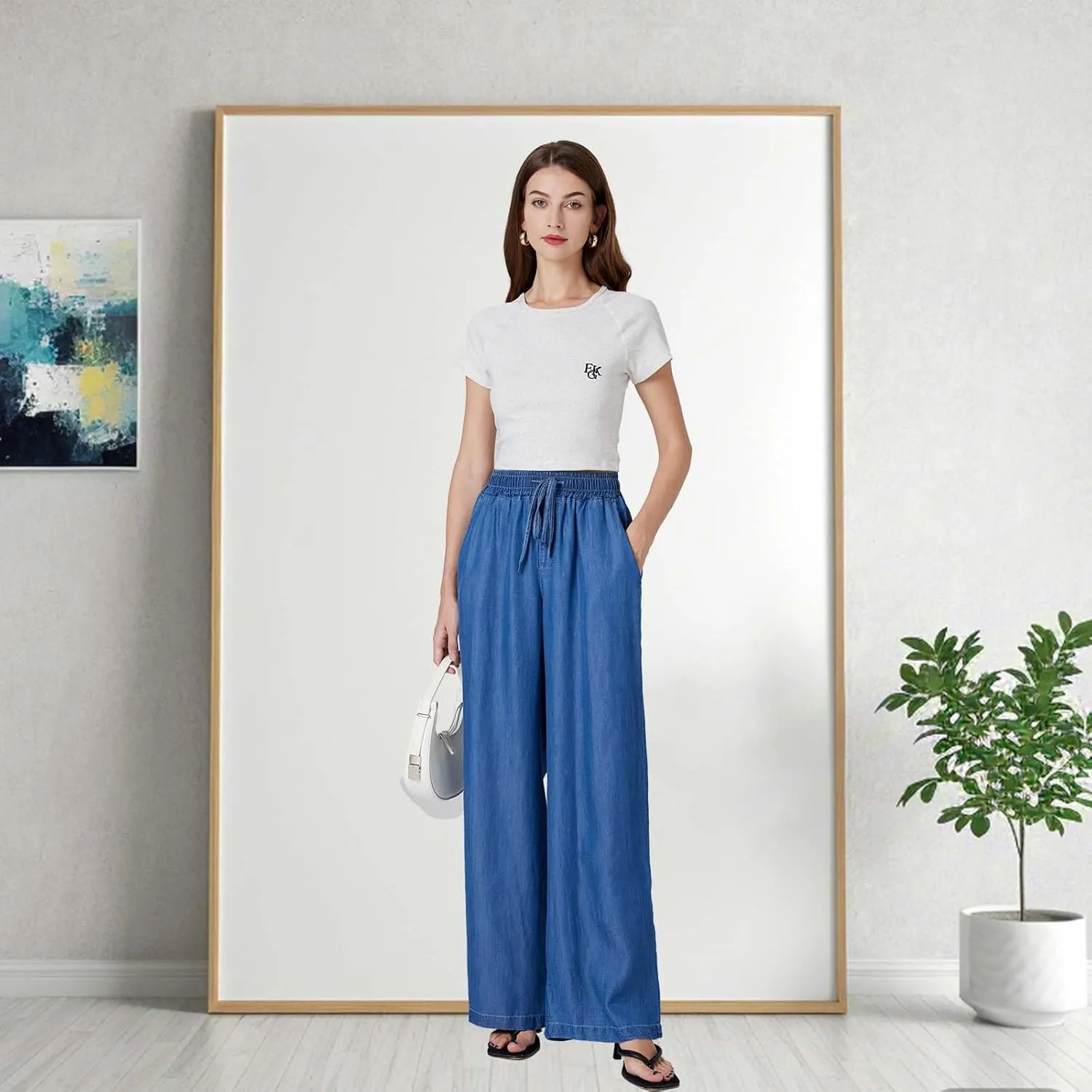 Womens Wide Leg High Rise Jeans Elastic Waist with Drawstring (29/31")
