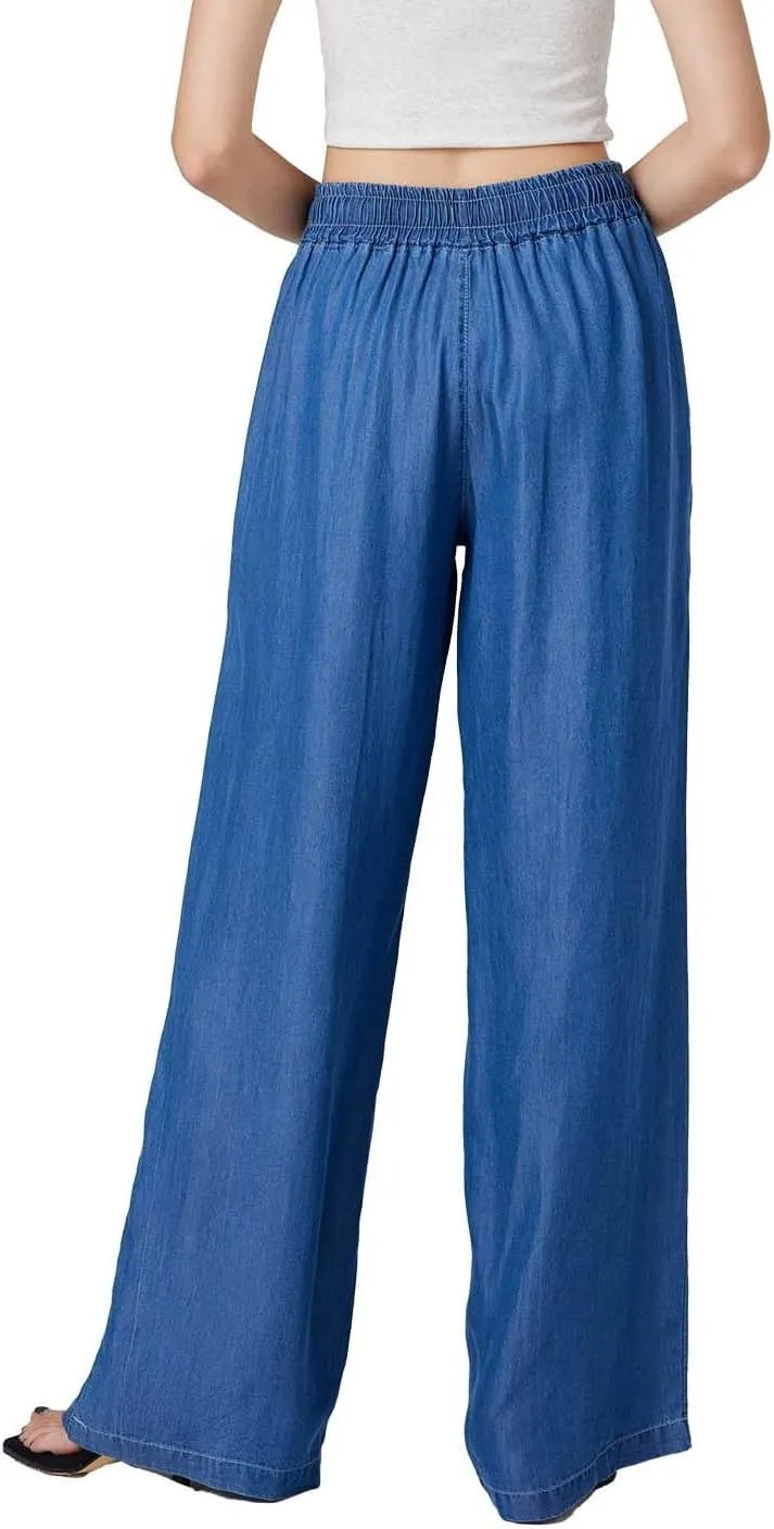 Womens Wide Leg High Rise Jeans Elastic Waist with Drawstring (29/31")