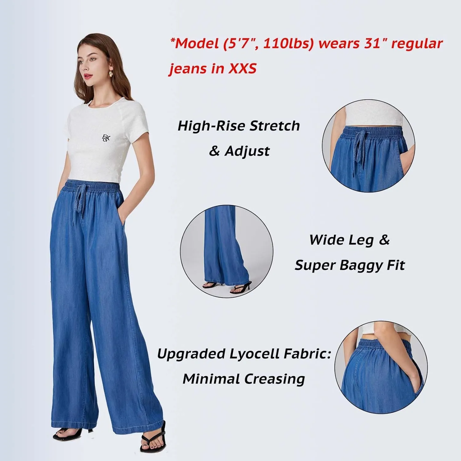Womens Wide Leg High Rise Jeans Elastic Waist with Drawstring (29/31")