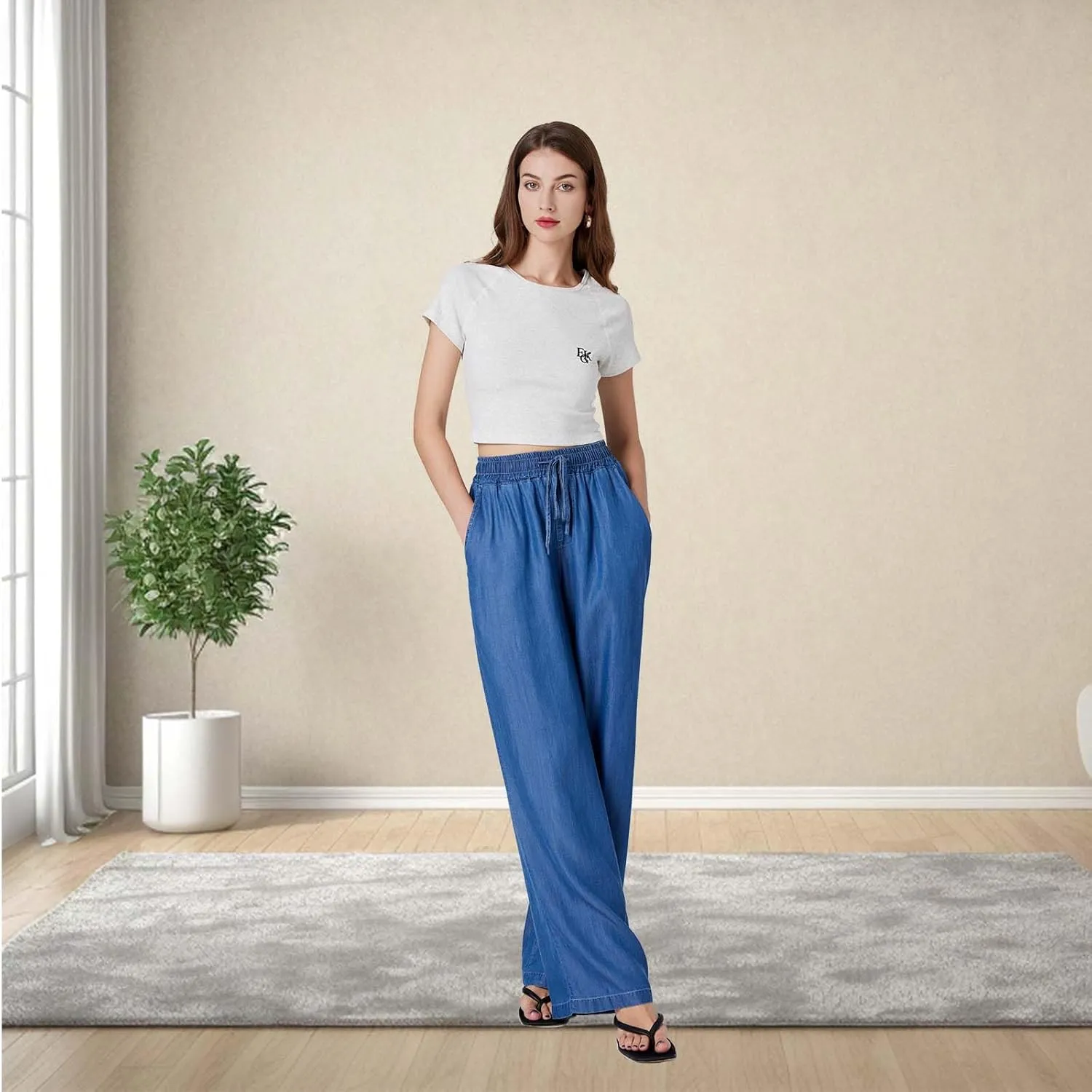 Womens Wide Leg High Rise Jeans Elastic Waist with Drawstring (29/31")