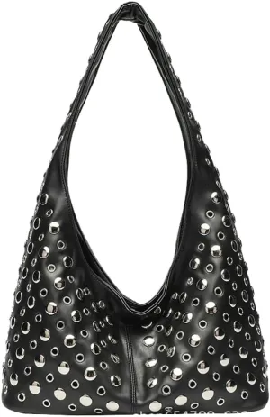Y2k 90s Studded Hobo Bags Women PU Leather Crescent Crossbody Purse Trendy Shoulder Satchels Punk Underarm Tote Handbag