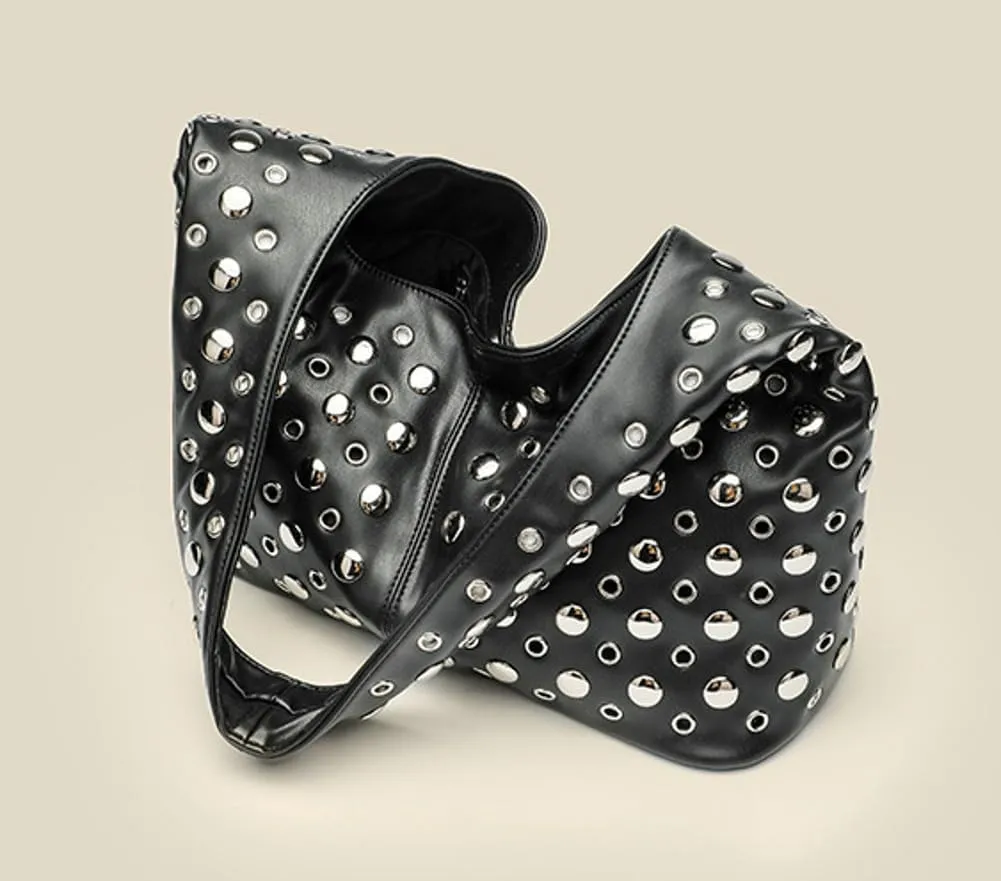 Y2k 90s Studded Hobo Bags Women PU Leather Crescent Crossbody Purse Trendy Shoulder Satchels Punk Underarm Tote Handbag
