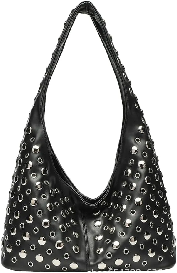 Y2k 90s Studded Hobo Bags Women PU Leather Crescent Crossbody Purse Trendy Shoulder Satchels Punk Underarm Tote Handbag