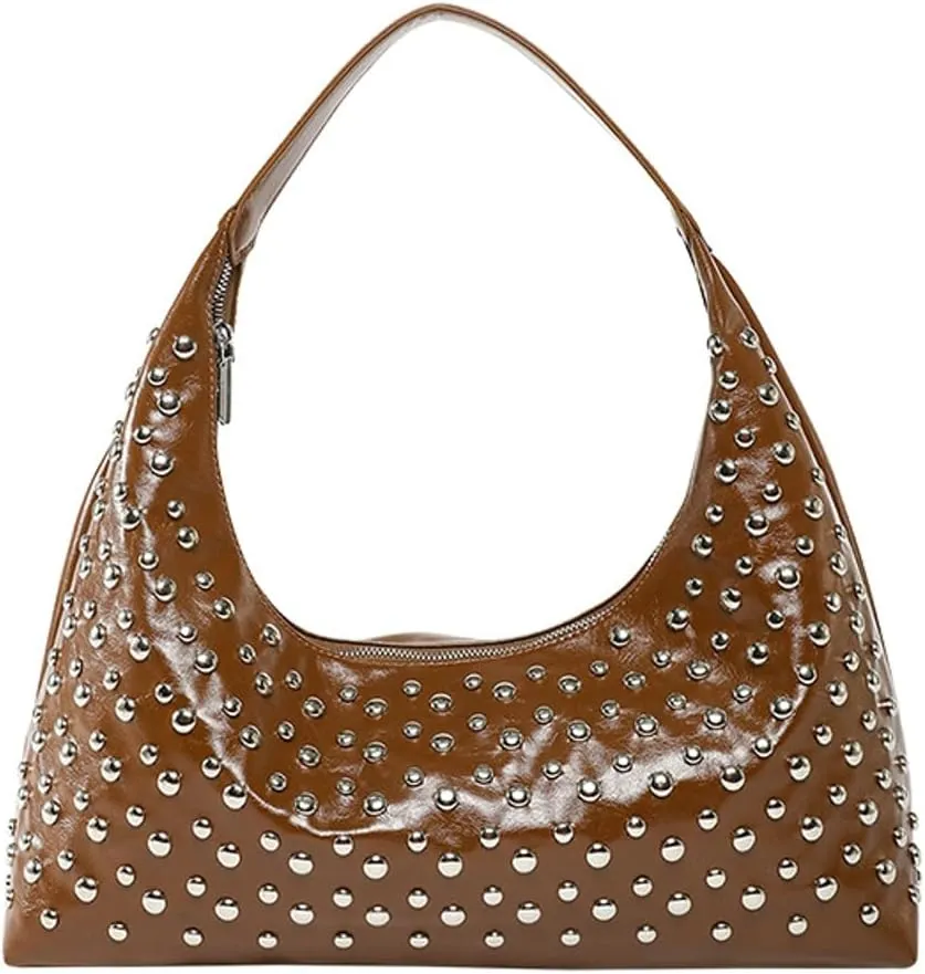 Y2k 90s Studded Hobo Bags Women Punk PU Leather Underarm Crescent Crossbody Purse Trendy Satchels Shoulder Tote Handbag
