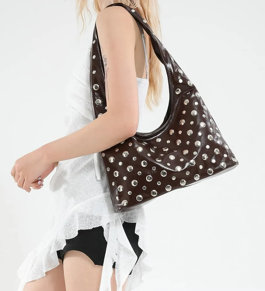 Y2k 90s Studded Hobo Bags Women Trendy Punk PU Leather Underarm Crescent Crossbody Purse Satchels Shoulder Tote Handbag