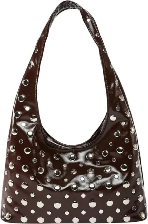Y2k 90s Studded Hobo Bags Women Trendy Punk PU Leather Underarm Crescent Crossbody Purse Satchels Shoulder Tote Handbag