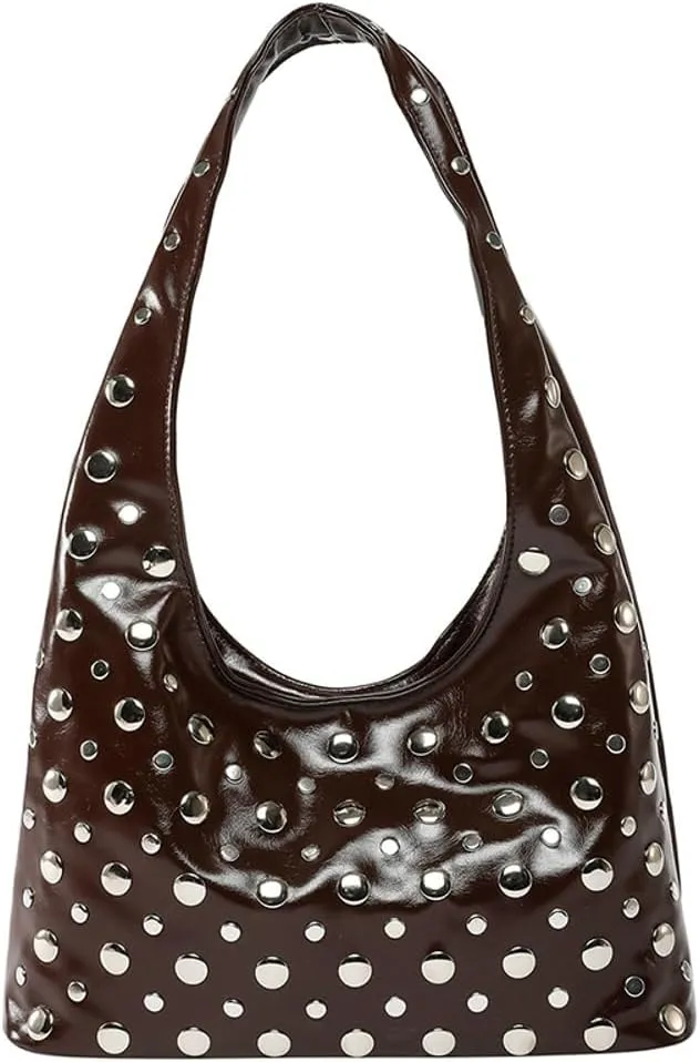 Y2k 90s Studded Hobo Bags Women Trendy Punk PU Leather Underarm Crescent Crossbody Purse Satchels Shoulder Tote Handbag