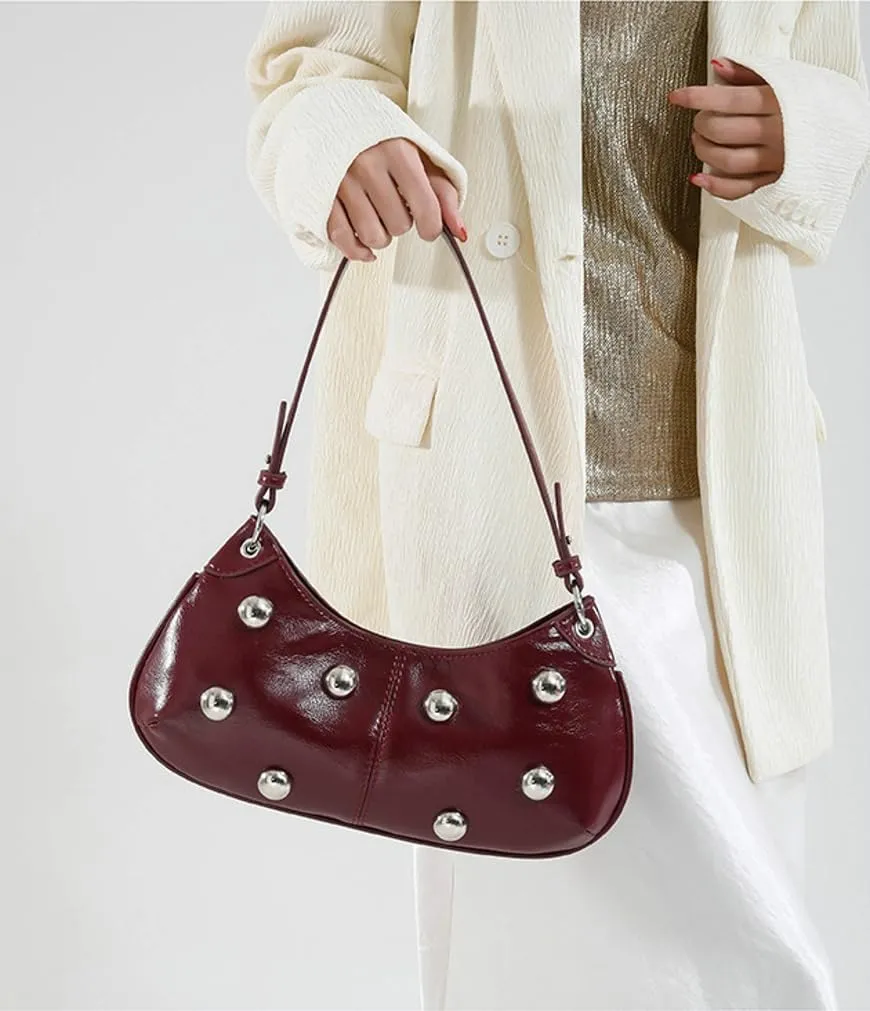 Y2k Crescent Hobo Bags Women Trendy 90s Punk PU Leather Studded Shoulder Satchels Crossbody Purse Underarm Tote Handbag