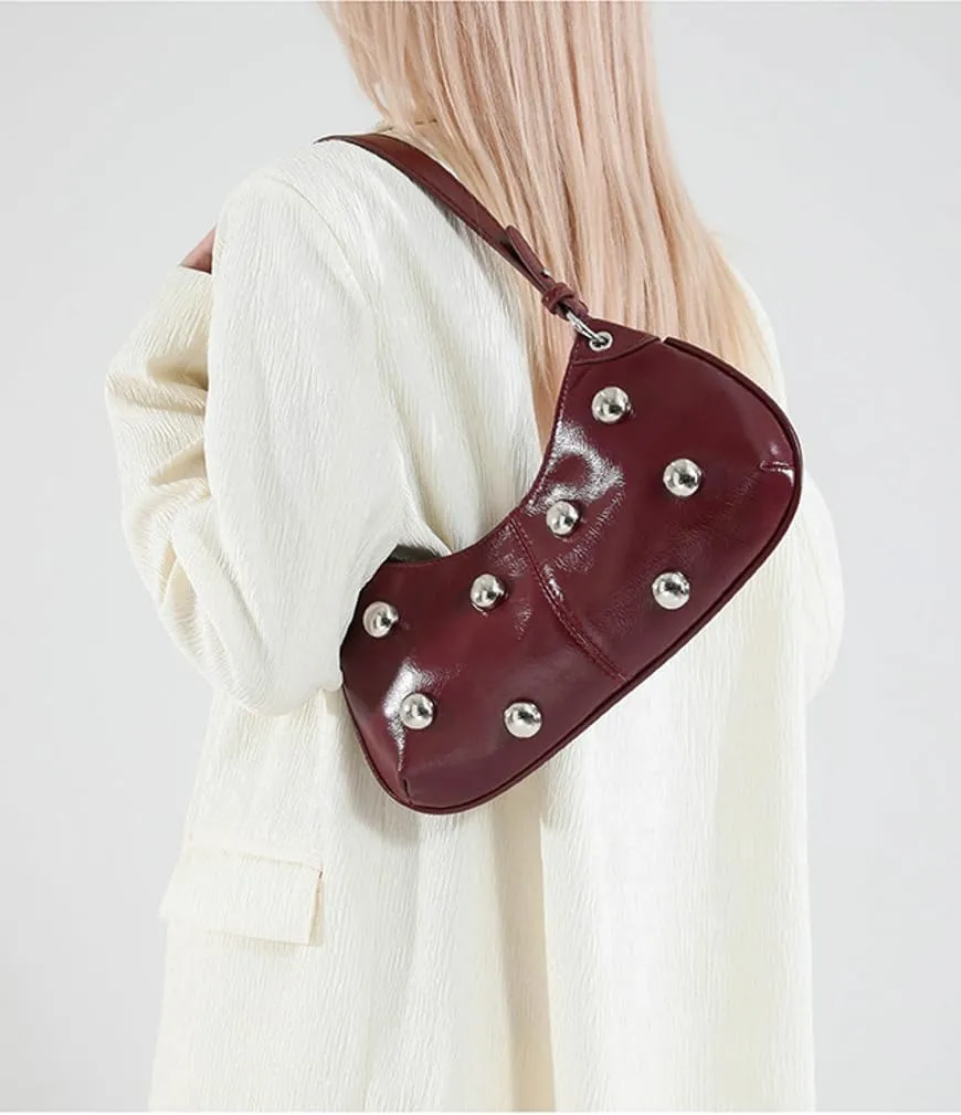 Y2k Crescent Hobo Bags Women Trendy 90s Punk PU Leather Studded Shoulder Satchels Crossbody Purse Underarm Tote Handbag