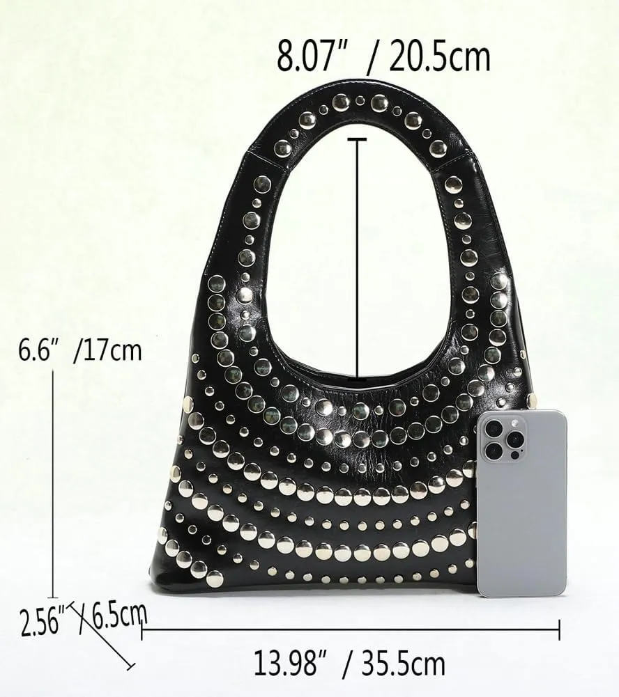 Y2k Rivet Studded Purses Shoulder Bag Hobo Bags Women Cute Crescent Crossbody Purse PU Leather Punk Evening Clutch Bag