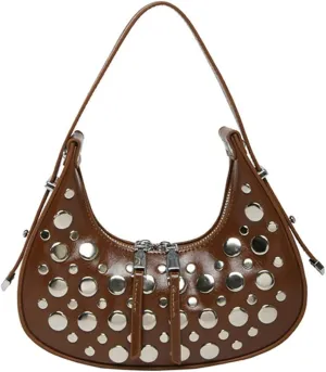 Y2k Studded Crescent Crossbody Purse Women 90s Hobo Bags Trendy Shoulder Satchels PU Leather Punk Underarm Tote Handbag