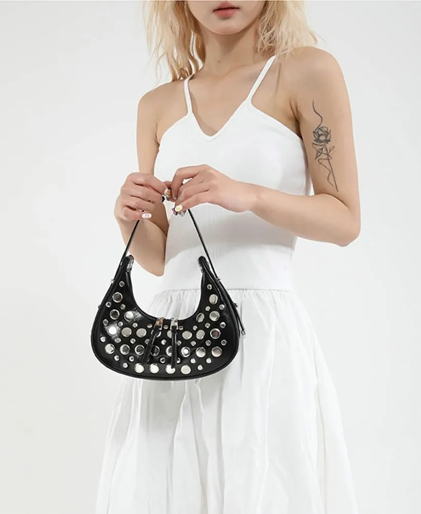 Y2k Studded Crescent Crossbody Purse Women 90s Hobo Bags Trendy Shoulder Satchels PU Leather Punk Underarm Tote Handbag