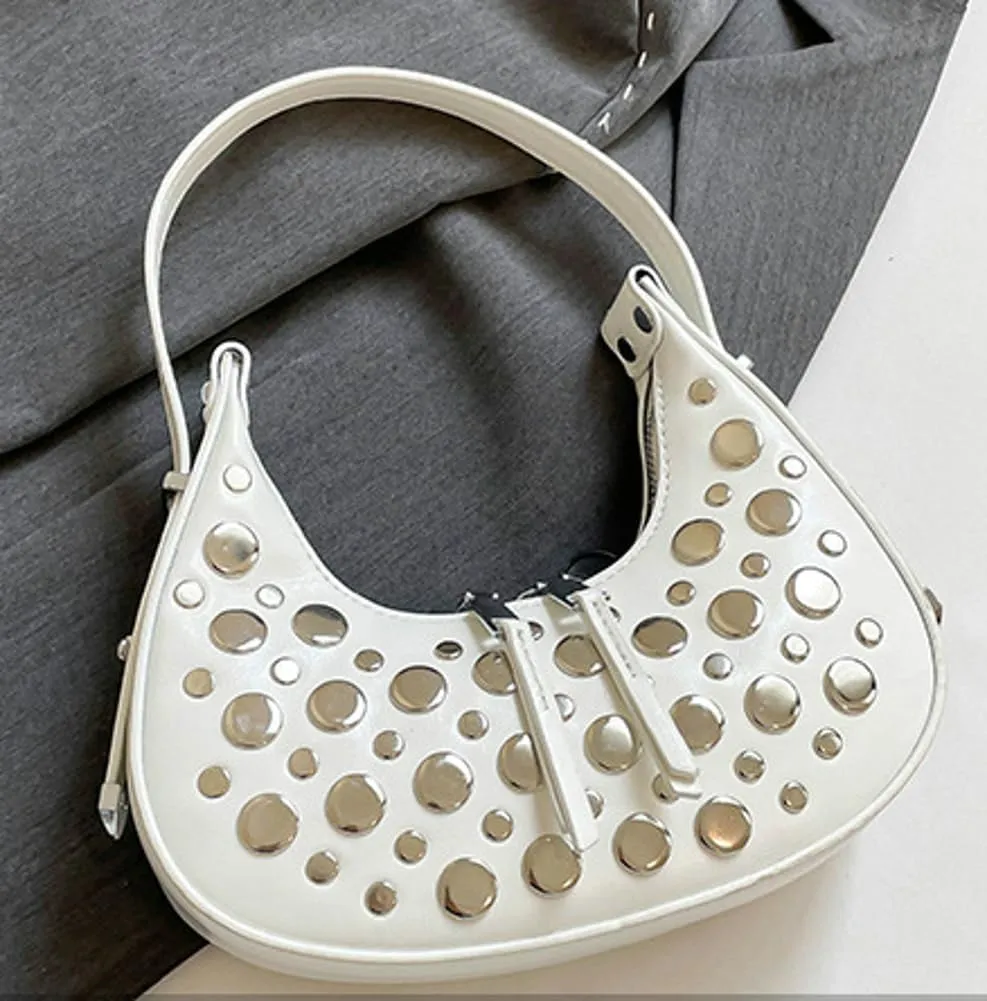 Y2k Studded Crescent Crossbody Purse Women 90s Hobo Bags Trendy Shoulder Satchels PU Leather Punk Underarm Tote Handbag