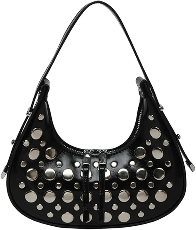 Y2k Studded Crescent Crossbody Purse Women 90s Hobo Bags Trendy Shoulder Satchels PU Leather Punk Underarm Tote Handbag