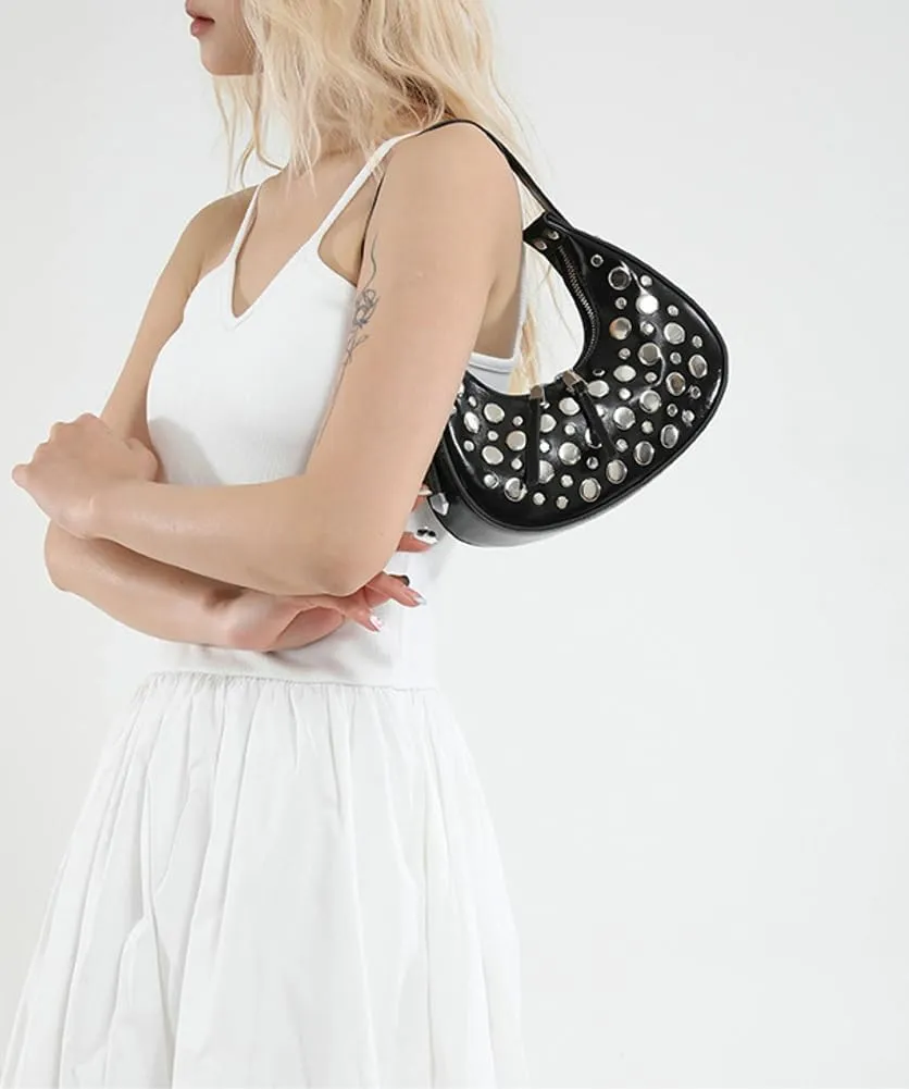 Y2k Studded Crescent Crossbody Purse Women 90s Hobo Bags Trendy Shoulder Satchels PU Leather Punk Underarm Tote Handbag