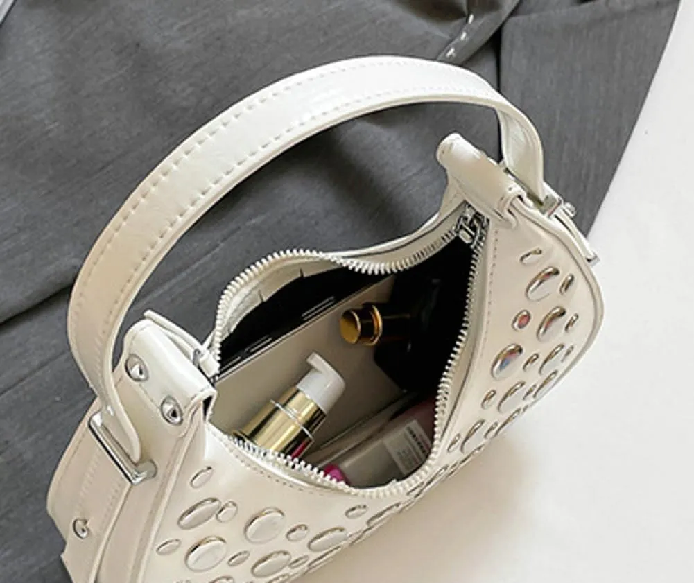 Y2k Studded Crescent Crossbody Purse Women 90s Hobo Bags Trendy Shoulder Satchels PU Leather Punk Underarm Tote Handbag