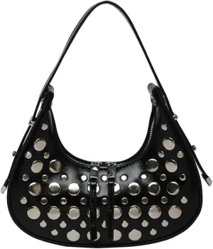 Y2k Studded Crescent Crossbody Purse Women 90s Hobo Bags Trendy Shoulder Satchels PU Leather Punk Underarm Tote Handbag