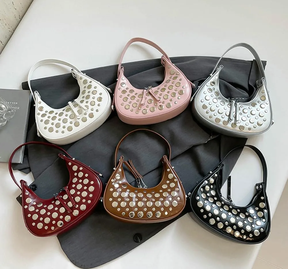Y2k Studded Crescent Crossbody Purse Women 90s Hobo Bags Trendy Shoulder Satchels PU Leather Punk Underarm Tote Handbag