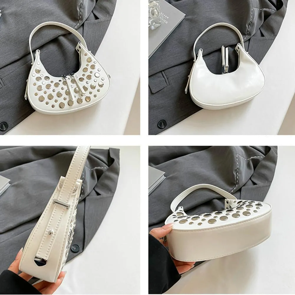 Y2k Studded Crescent Crossbody Purse Women 90s Hobo Bags Trendy Shoulder Satchels PU Leather Punk Underarm Tote Handbag